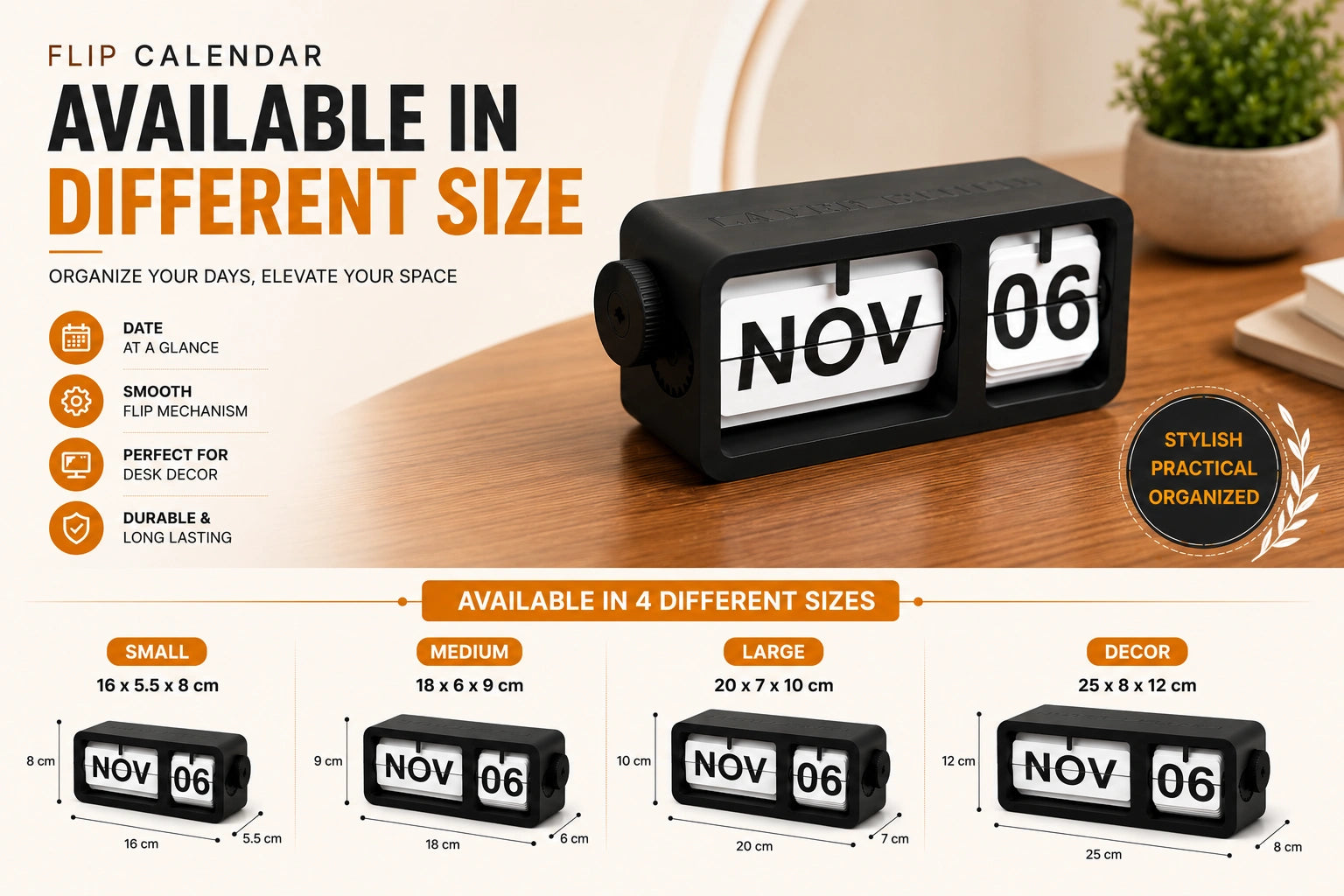 Modern Flip Frame Desk Calendar with perpetual date display for office desk, study table, and workspace decor