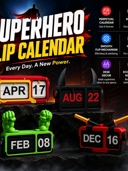 Superhero Flip Desk Calendar with perpetual date display for office desk, study table, and collector workspace decor